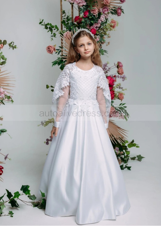 Long Sleeves White Lace Satin Stunning Flower Girl Dress